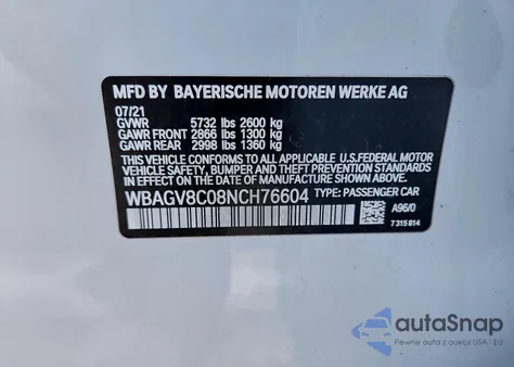 2022 BMW M850Xi z USA, uszkodzony, nr VIN WBAGV8C08NCH76604